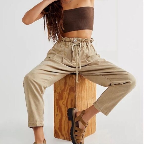 Free People Margate Belted Paper Bag Pants Tan Size XS - Picture 1 of 8